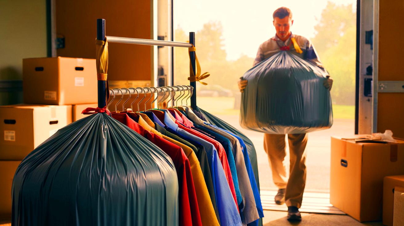 L’astuce des déménageurs pour la penderie : utilisez un grand sac poubelle pour emballer 10 cintres d’un coup
